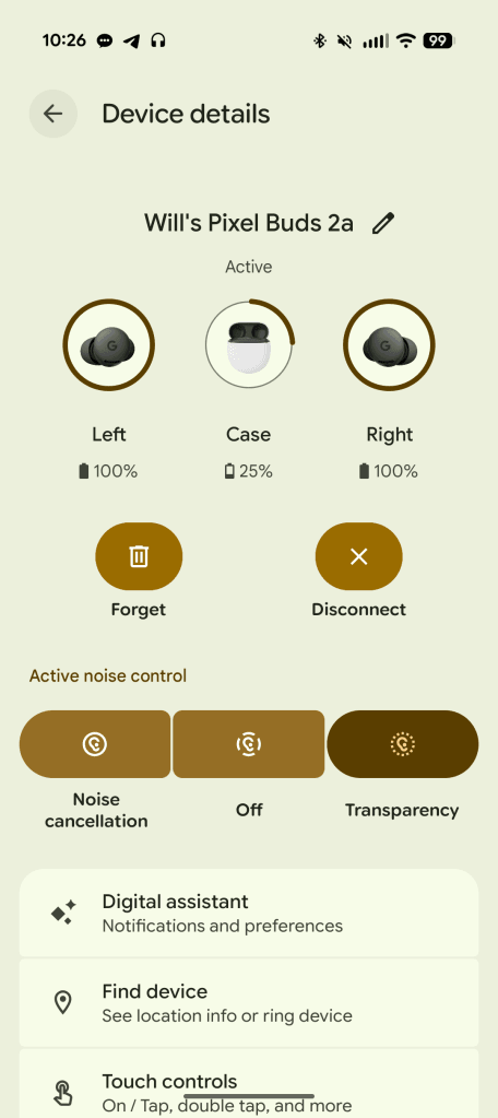 Giao diện cài đặt Pixel Buds 2a trong Android