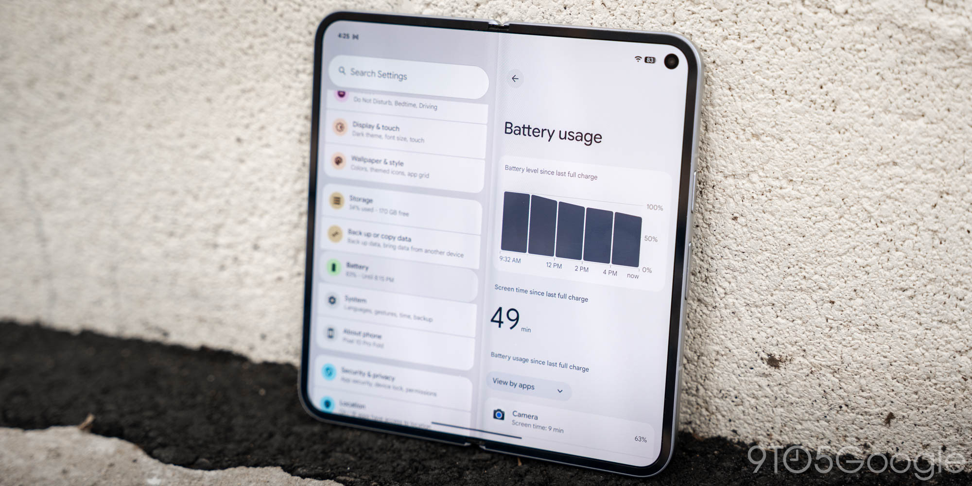 Giao diện thông tin pin và sạc trên Pixel 10 Pro Fold