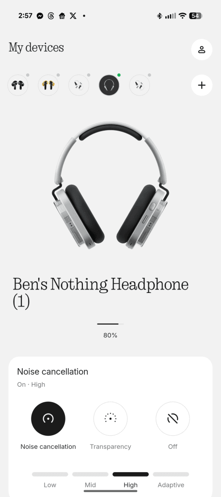 Giao diện ứng dụng Nothing X hiển thị các chế độ chống ồn