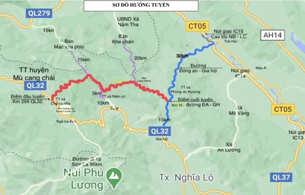 Bản đồ thể hiện hướng tuyến dự kiến của dự án đường nối 3 tỉnh Tây Bắc.