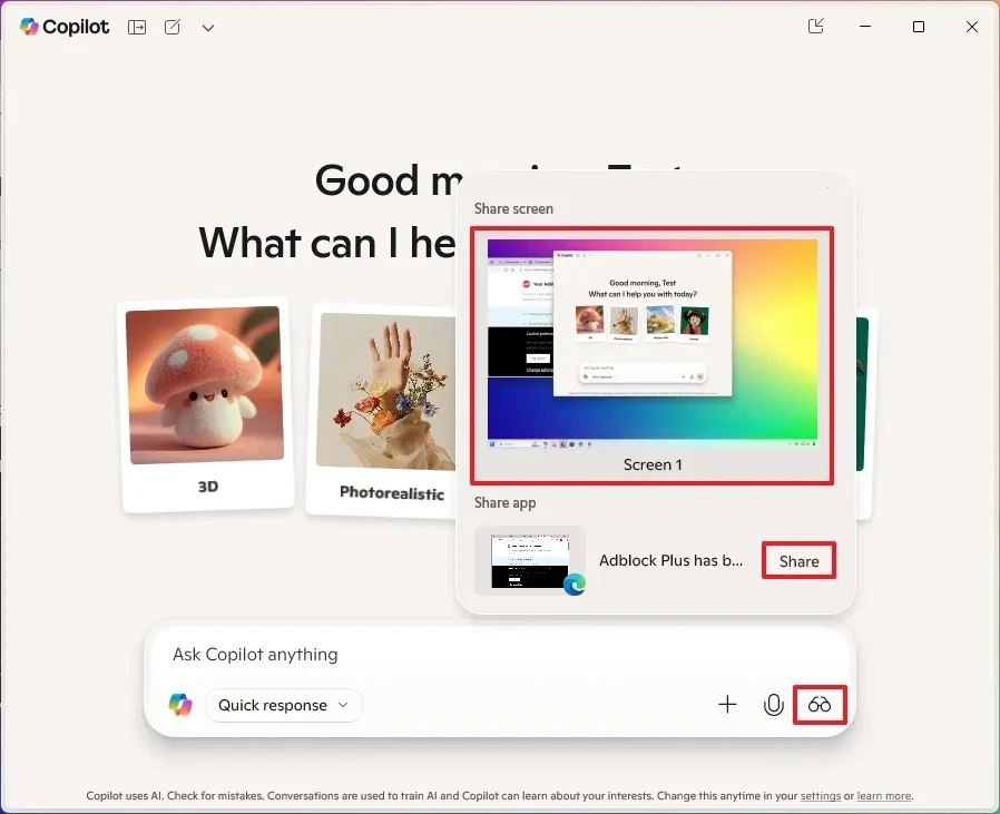 Giao diện Copilot trên Windows 11 hiển thị tùy chọn chia sẻ màn hình.
