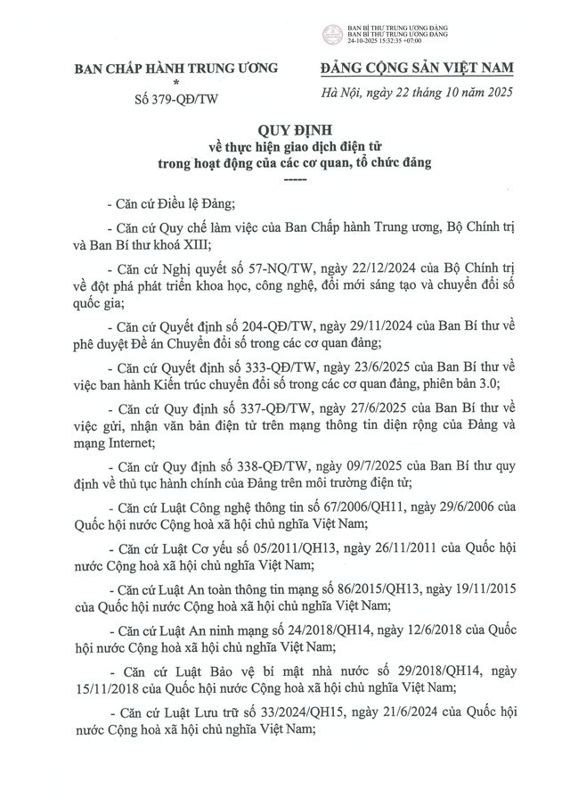 Quy định số 379-QĐ/TW về thực hiện giao dịch điện tử trong hoạt động của các cơ quan, tổ chức đảng- Ảnh 1.
