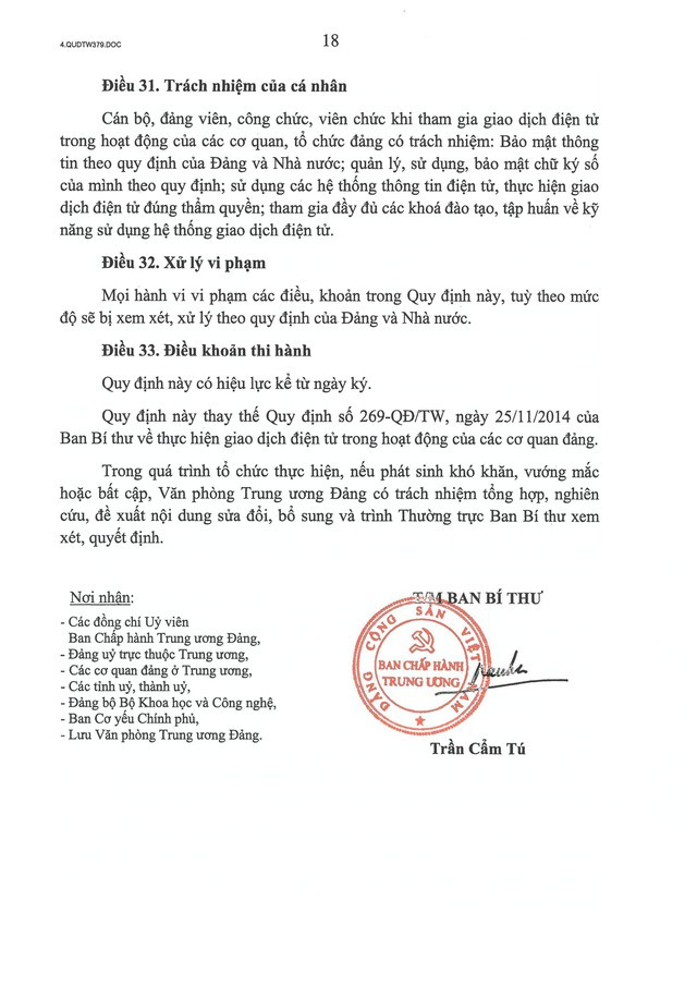 Quy định số 379-QĐ/TW về thực hiện giao dịch điện tử trong hoạt động của các cơ quan, tổ chức đảng- Ảnh 18.