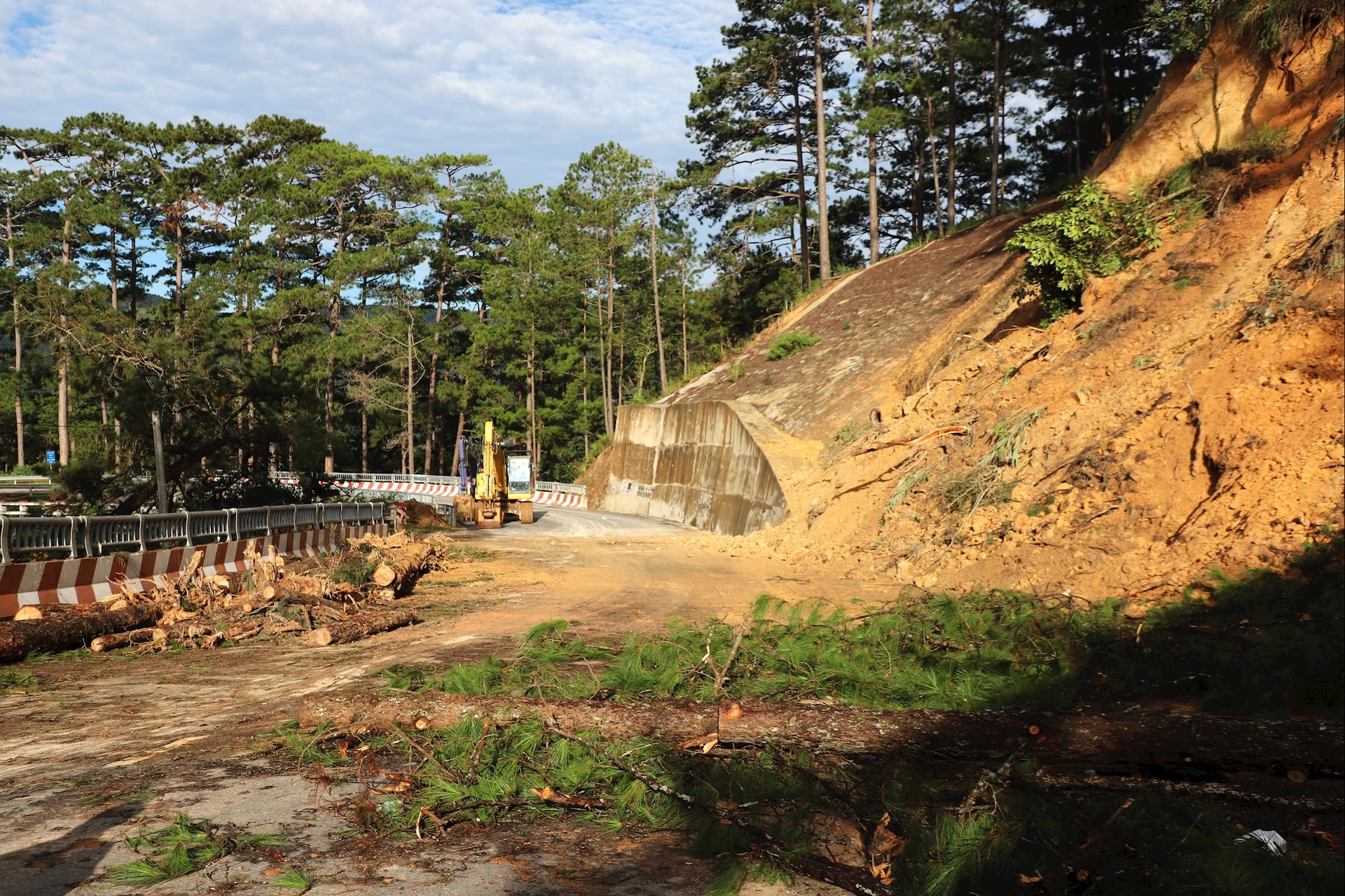 ថ្ម និងដីយ៉ាងច្រើនសន្ធឹកសន្ធាប់ រួមនឹងដើមស្រល់បានធ្លាក់មកលើផ្លូវ ធ្វើឱ្យរំខានដល់ចរាចរណ៍ និងបង្កហានិភ័យខ្ពស់ដល់សុវត្ថិភាព។