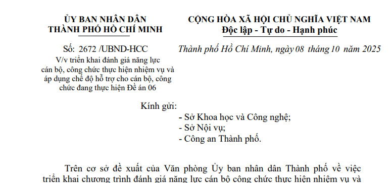 Công văn 2672/UBND-HCC: Chỉ đạo mới về chế độ hỗ trợ và đánh giá cán bộ công chức thực hiện Đề án 06