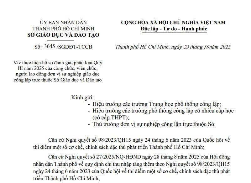 Công văn 3645: Hướng dẫn hồ sơ đánh giá phân loại Quý III năm 2025 của công chức, viên chức giáo dục TPHCM