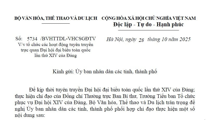 Công văn 5734/BVHTTDL-VHCSGĐTV về tuyên truyền Đại hội XIV của Đảng