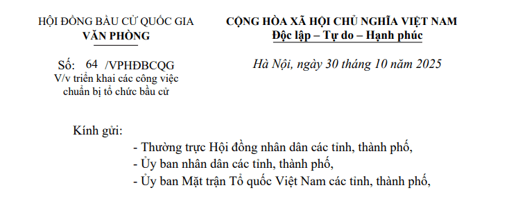 Toàn văn Công văn 64/VPHĐBCQG về triển khai các công việc chuẩn bị tổ chức bầu cử
