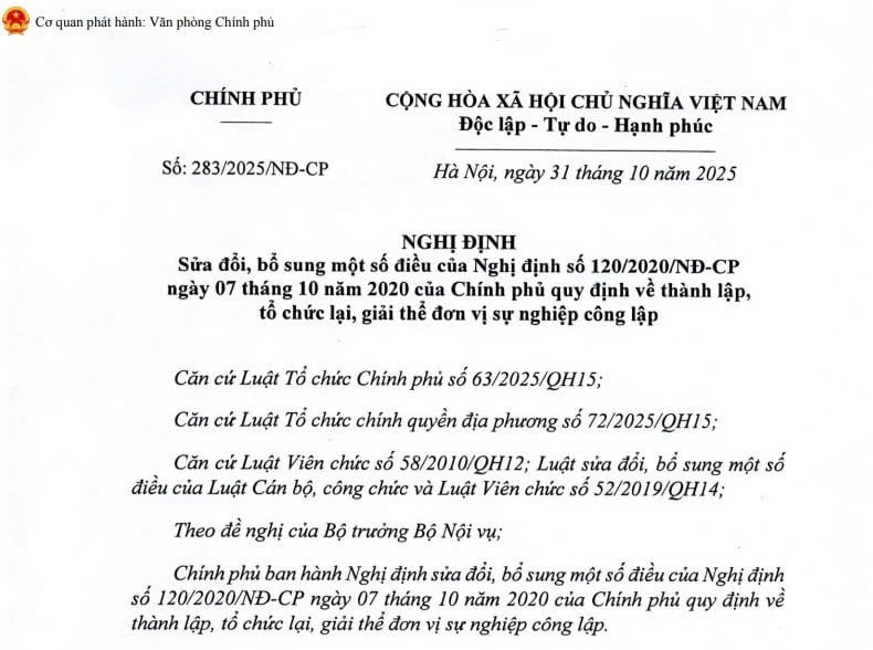 Đã có Nghị định 283/2025/NĐ-CP sửa đổi Nghị định 120/2020 về thành lập giải thể đơn vị sự nghiệp công lập từ 01/11/2025