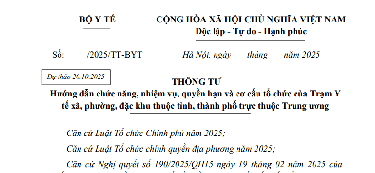 Đã có dự thảo Thông tư về cơ cấu tổ chức của Trạm Y tế xã, phường, đặc khu thuộc cấp tỉnh