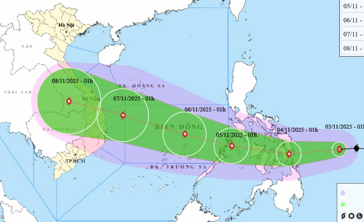 Bản đồ dự báo đường đi, khu vực ảnh hưởng của bão Kalmaegi. (Nguồn: NCHMF)