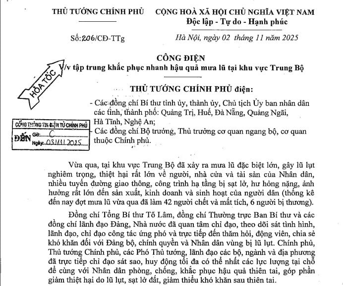 Công điện 206/CĐ-TTg: Tập trung khắc phục nhanh hậu quả mưa lũ tại khu vực Trung Bộ