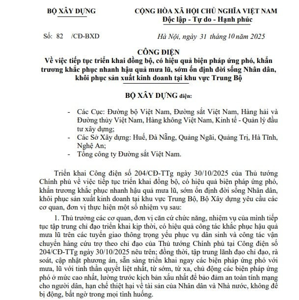 Công điện 82/CĐ-BXD: Biện pháp ứng phó và khắc phục hậu quả mưa lũ tại Trung Bộ của Bộ Xây dựng