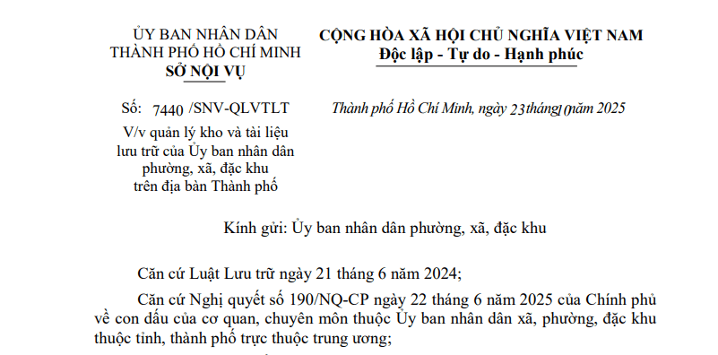 Đã có Công văn 7440/SNV-QLVTLT về quản lý kho và tài liệu lưu trữ của Ủy ban nhân dân cấp xã tại TPHCM