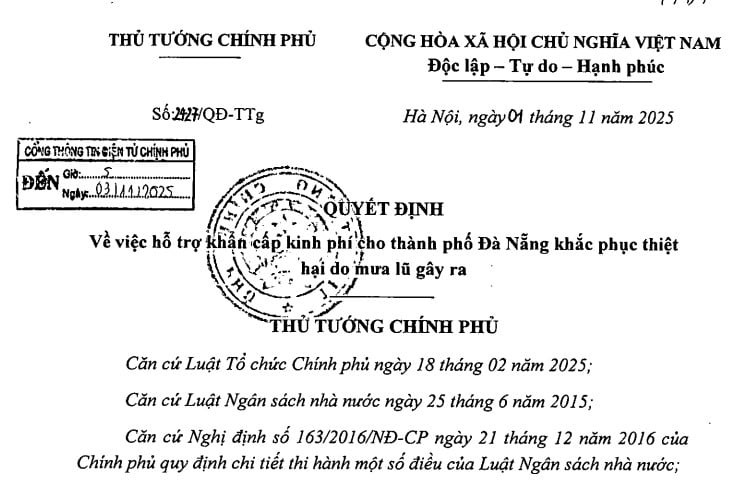 Hỗ trợ khẩn 100 tỷ đồng cho TP Đà Nẵng do mưa lũ (Quyết định 2427/QĐ-TTg)