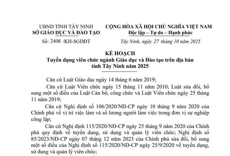 Kế hoạch tuyển dụng giáo viên Link vào Tây Ninh năm 2025 (Kế hoạch 2408/KH-SGDĐT)