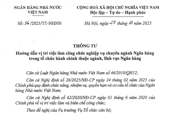 Thông tư 36/2025/TT-NHNN về vị trí việc làm công chức ngành Ngân hàng
