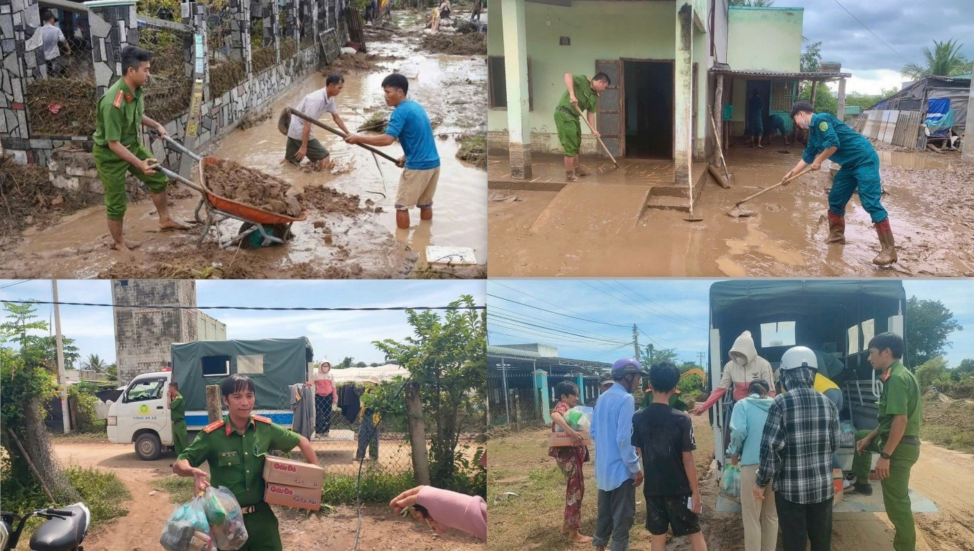 Công an xã Tuy Phong cùng Nhân dân dọn dẹp, khắc phục