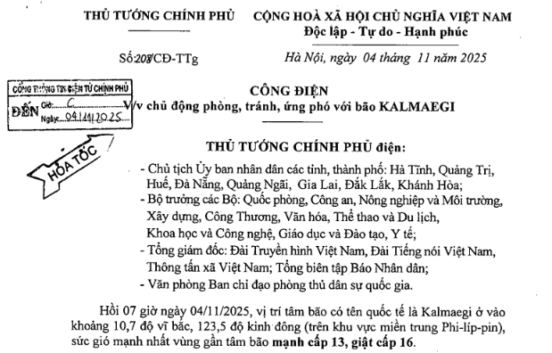 Công điện hỏa tốc về ứng phó với bão KALMAEGI