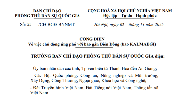 Công điện 25/CĐ-BCĐ: Chỉ đạo mới về ứng phó với bão KALMAEGI dự báo thành bão số 13