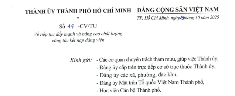Đã có Công văn 14-CV/TU về đẩy mạnh và nâng cao chất lượng công tác kết nạp đảng viên