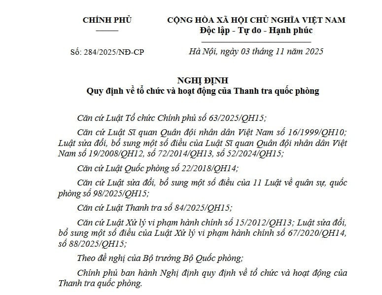 Đã có Nghị định 284/2025/NĐ-CP tổ chức và hoạt động của Thanh tra quốc phòng