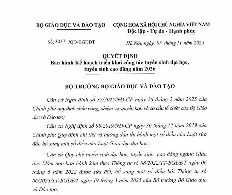 Quyết định 3037/QĐ-BGDĐT: Kế hoạch tuyển sinh đại học cao đẳng năm 2026