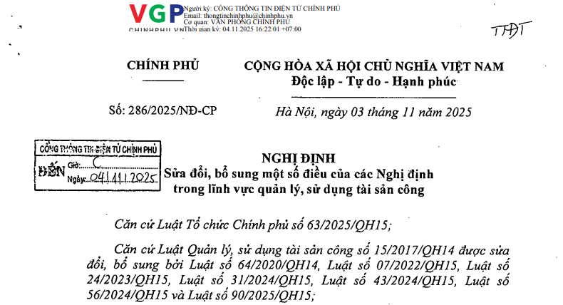 Đã có Nghị định 286/2025/NĐ-CP sửa đổi quy định về quản lý sử dụng tài sản công