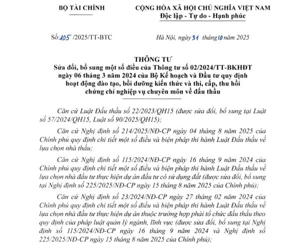 Thông tư 105/2025/TT-BTC: Sửa đổi Thông tư 02/2024/TT-BKHĐT về chứng chỉ nghiệp vụ chuyên môn về đấu thầu