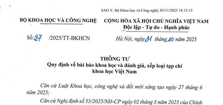 Đã có Thông tư 27/2025/TT-BKHCN về bài báo khoa học và đánh giá xếp loại tạp chí khoa học