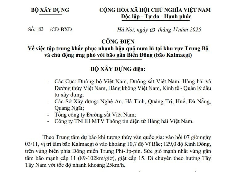 Công điện 83/CĐ-BXD: Bộ Xây dựng chỉ đạo ứng phó với bão Kalmaegi