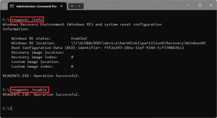 Sử dụng lệnh reagentc /enable trong Command Prompt để bật WinRE