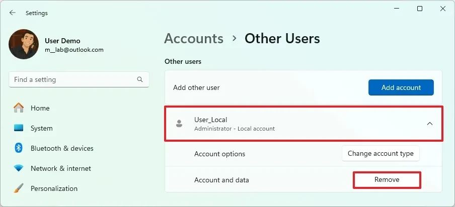 Giao diện xóa tài khoản người dùng trong mục Other Users của Settings trên Windows 11.