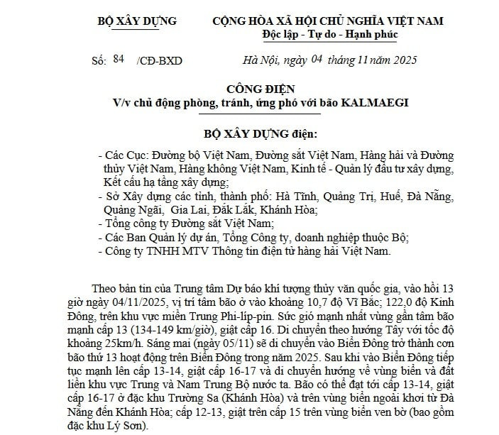 Công điện 84/CĐ-BXD: Chủ động phòng tránh ứng phó với bão KALMAEGI