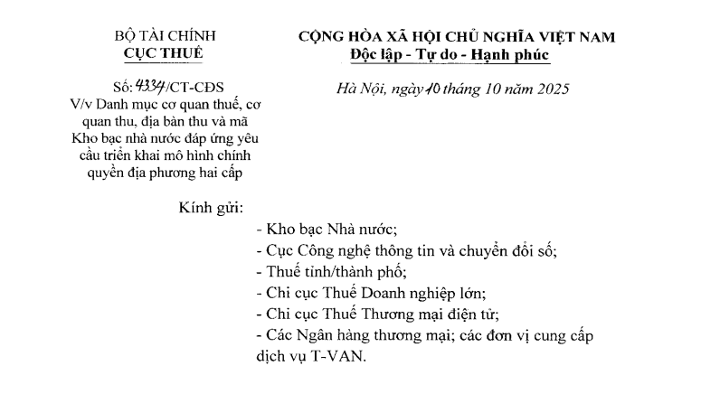 Đã có Công văn 4334/CT-CĐS về danh mục cơ quan thuế, cơ quan thu, địa bàn thu và mã Kho bạc Nhà nước