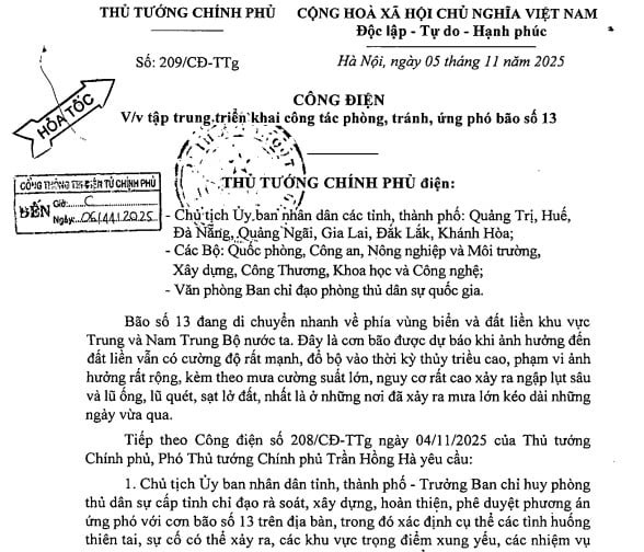 Công điện 209/CĐ-TTg: Tập trung triển khai công tác phòng tránh và ứng phó bão số 13