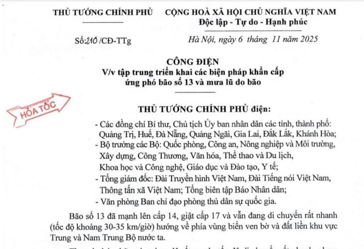 Công điện 210/CĐ-TTg: Tập trung triển khai các biện pháp khẩn cấp ứng phó bão số 13 và mưa lũ sau bão