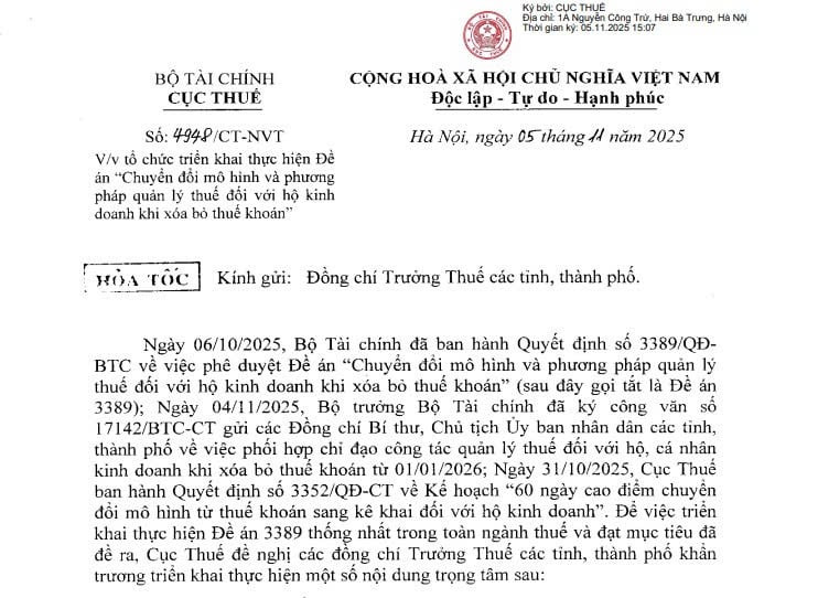 Công văn 4948: Hướng dẫn Đề án Chuyển đổi mô hình và phương pháp quản lý thuế với hộ kinh doanh khi xóa bỏ thuế khoán 