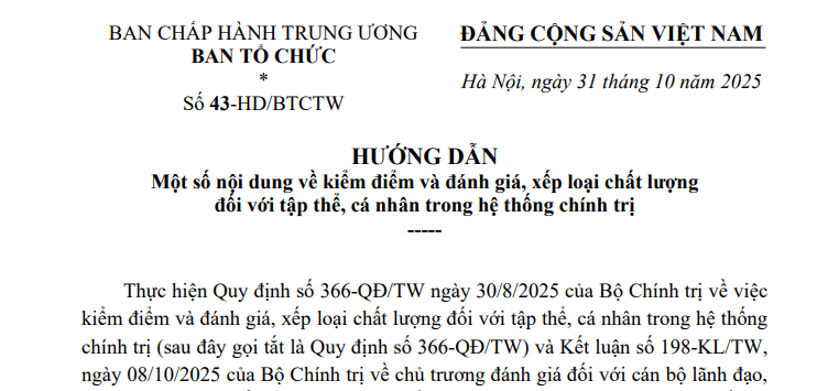 Hướng dẫn 43-HD/BTGTW về kiểm điểm và đánh giá xếp loại chất lượng trong hệ thống chính trị có nội dung ra sao?