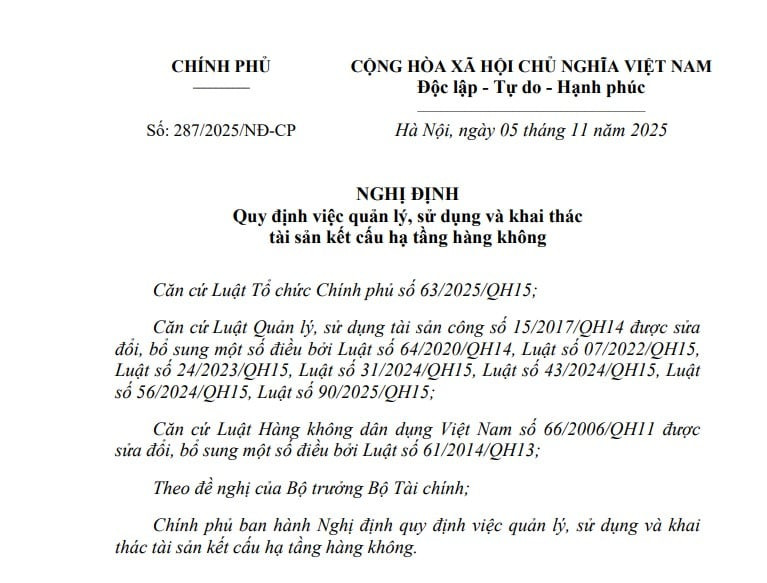Nghị định 287/2025/NĐ-CP: Quản lý và sử dụng tài sản kết cấu hạ tầng hàng không