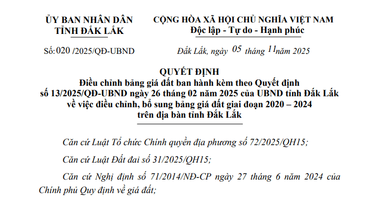 Bảng giá đất Đắk Lắk 2025 mới nhất, sửa đổi bảng giá đất Đắk Lắk 2025 từ 17/11/2025