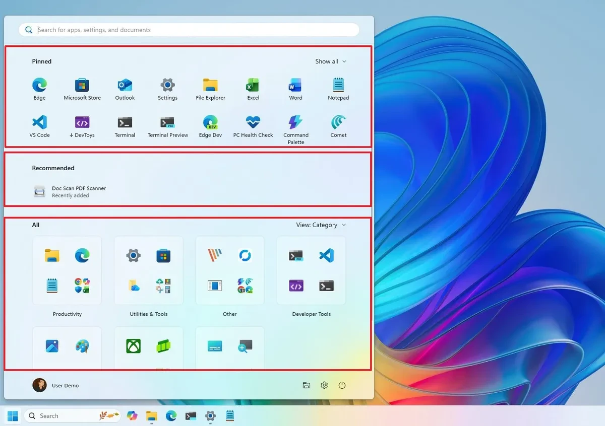 Giao diện tổng thể của Start Menu mới trên Windows 11.