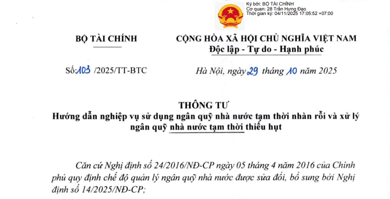 Đã có Thông tư 103/2025/TT-BTC về sử dụng, xử lý ngân quỹ nhà nước tạm thời