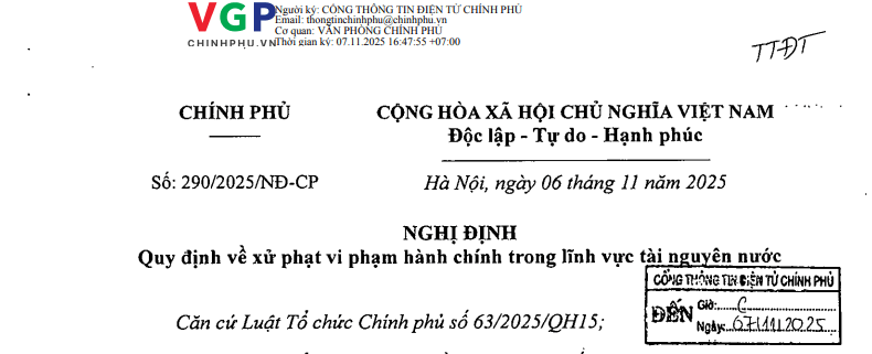 Đã có Nghị định 290/2025/NĐ-CP về xử phạt vi phạm hành chính trong lĩnh vực tài nguyên nước