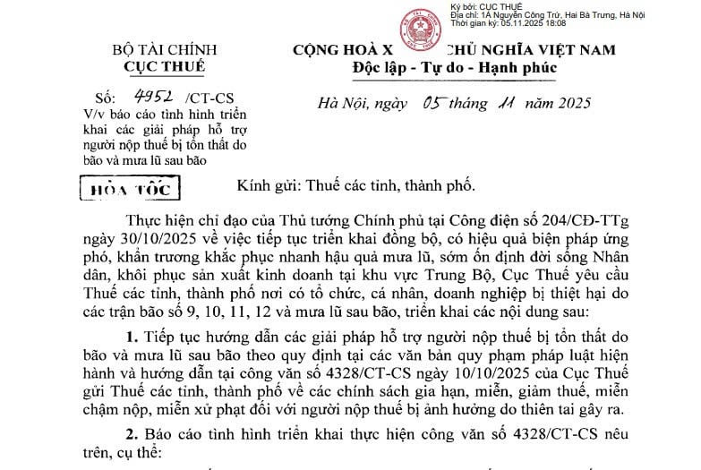 Công văn 4952/CT-CS: Báo cáo tình hình hỗ trợ người nộp thuế bị tổn thất do bão và mưa lũ sau bão
