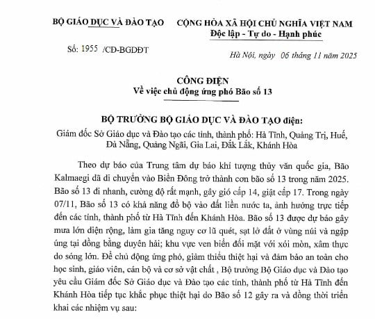 Công điện 1995/CĐ-BGDĐT: Chủ động ứng phó Bão số 13 của Bộ Giáo dục và Đào tạo