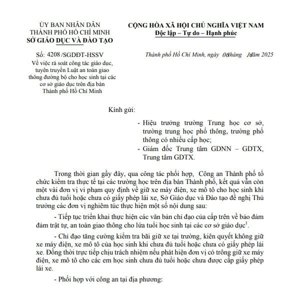 Công văn 4208/SGDĐT-HSSV: Rà soát công tác giáo dục và tuyên truyền Luật an toàn giao thông đường bộ cho học sinh tại TPHCM