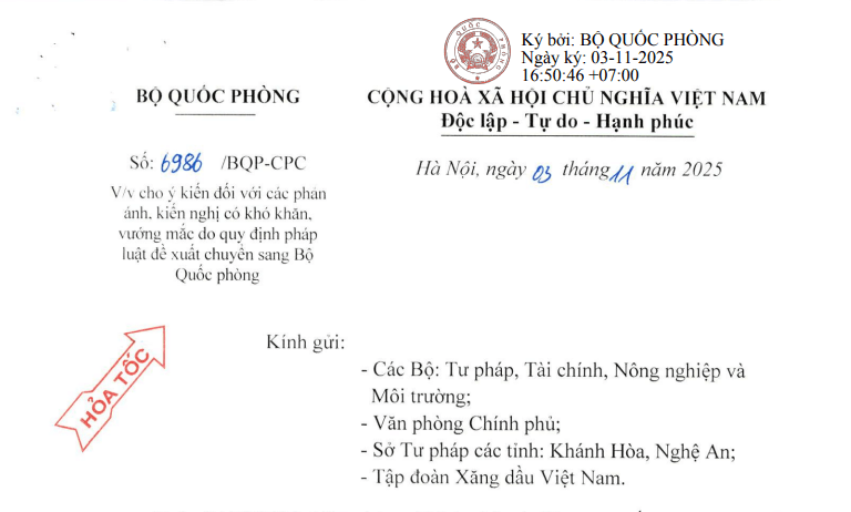Công văn 6986/BQP-CPC: Chỉ đạo hỏa tốc về các vướng mắc do quy định pháp luật đề xuất chuyển sang Bộ Quốc phòng