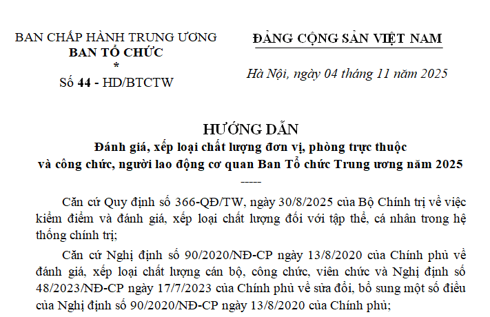 Đã có Hướng dẫn 44-HD/BTCTW đánh giá xếp loại chất lượng đơn vị trực thuộc Ban Tổ chức Trung ương