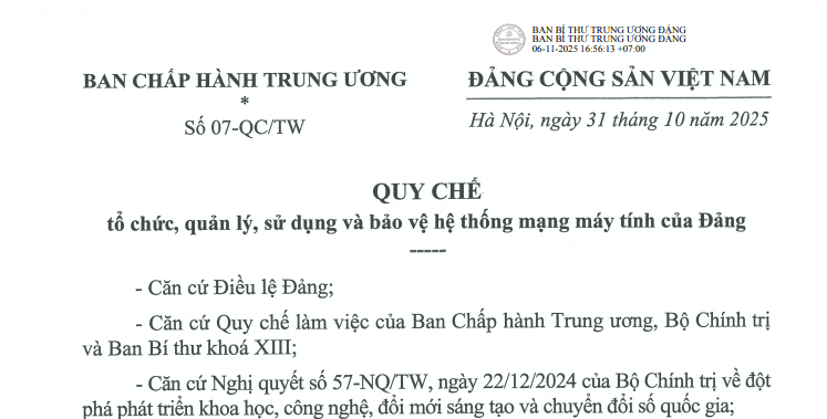 Đã có Quy chế 07-QC/TW về quản lý sử dụng và bảo vệ hệ thống mạng máy tính của Đảng
